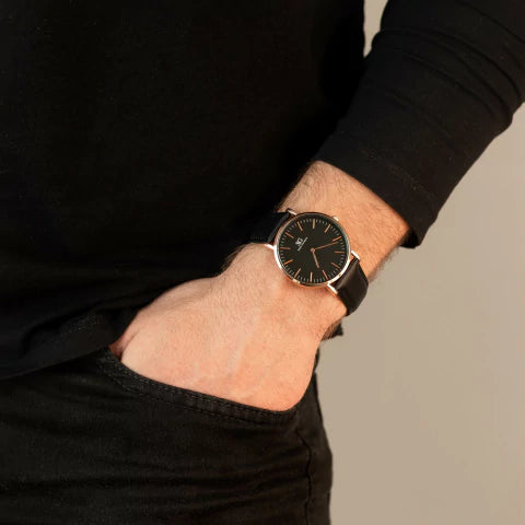 Relógio Minimalista Preto Pulseira De Couro Murray Black Rosé Gold 40mm